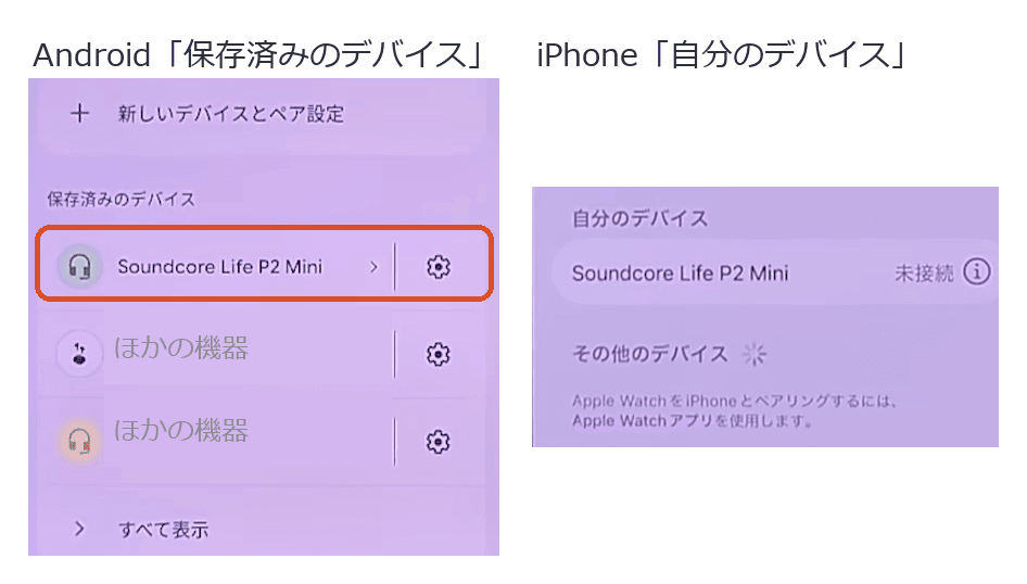 Androidの保存済みのデバイス。つながったSoundcore Life P2 Miniが一覧の上に移っている