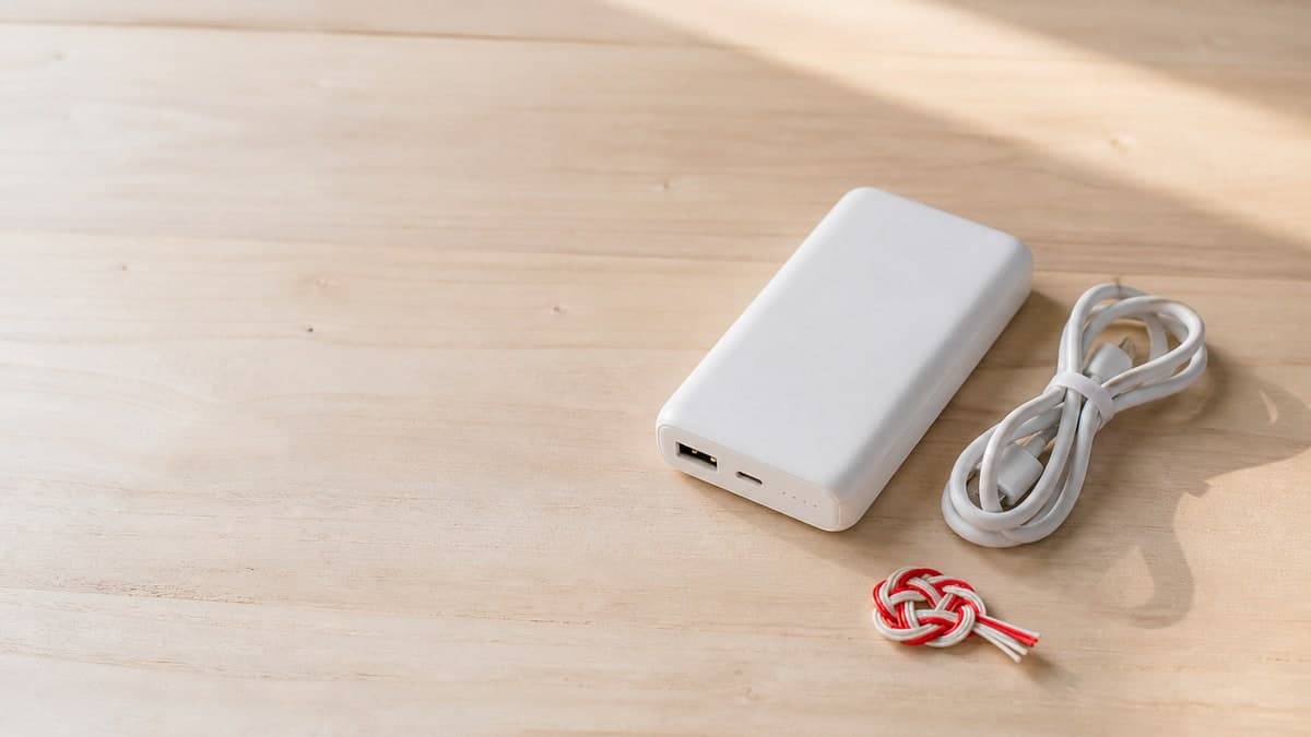 正月の朝の光が差す木の机に置かれた白いモバイルバッテリーと充電ケーブル、赤と白の水引