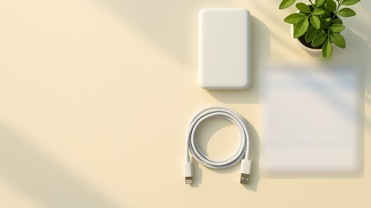 夏の日差しが差し込む机に置かれたモバイルバッテリーと充電ケーブル