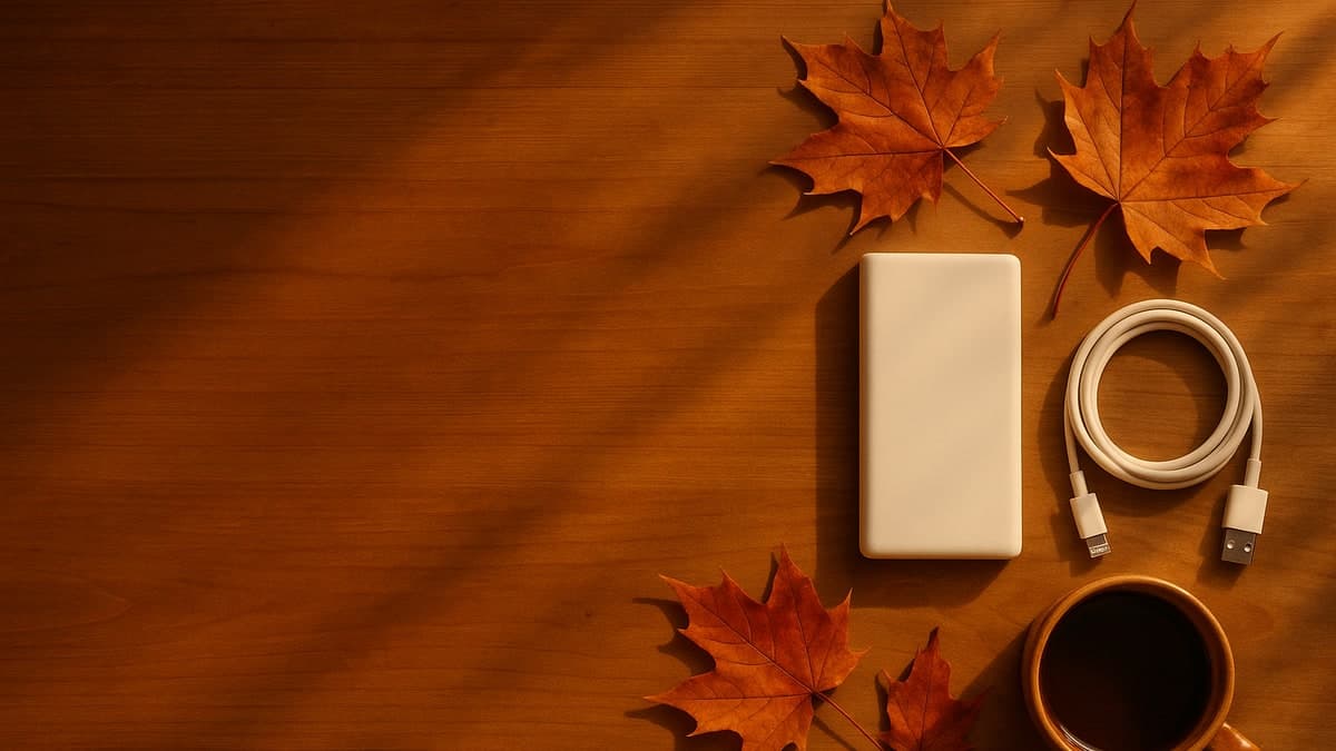秋の光の中に置かれたモバイルバッテリーと落ち葉