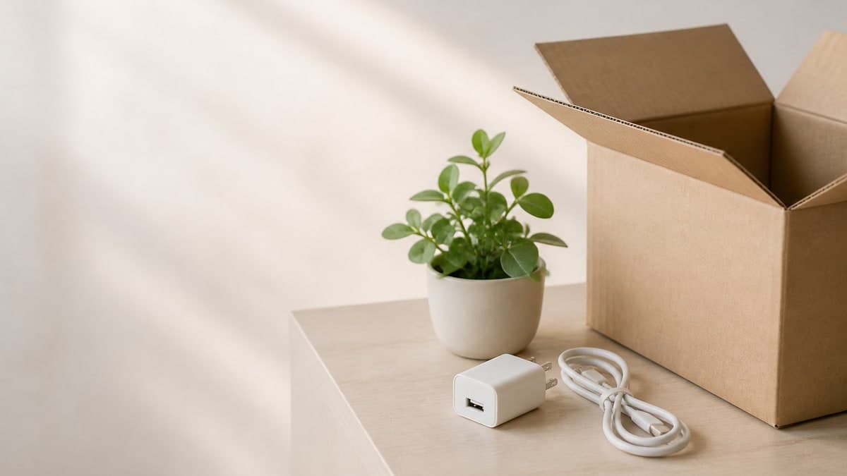 春の光が差す部屋で、開いた段ボール箱の手前に置かれた白い充電器と充電ケーブル、小さな観葉植物