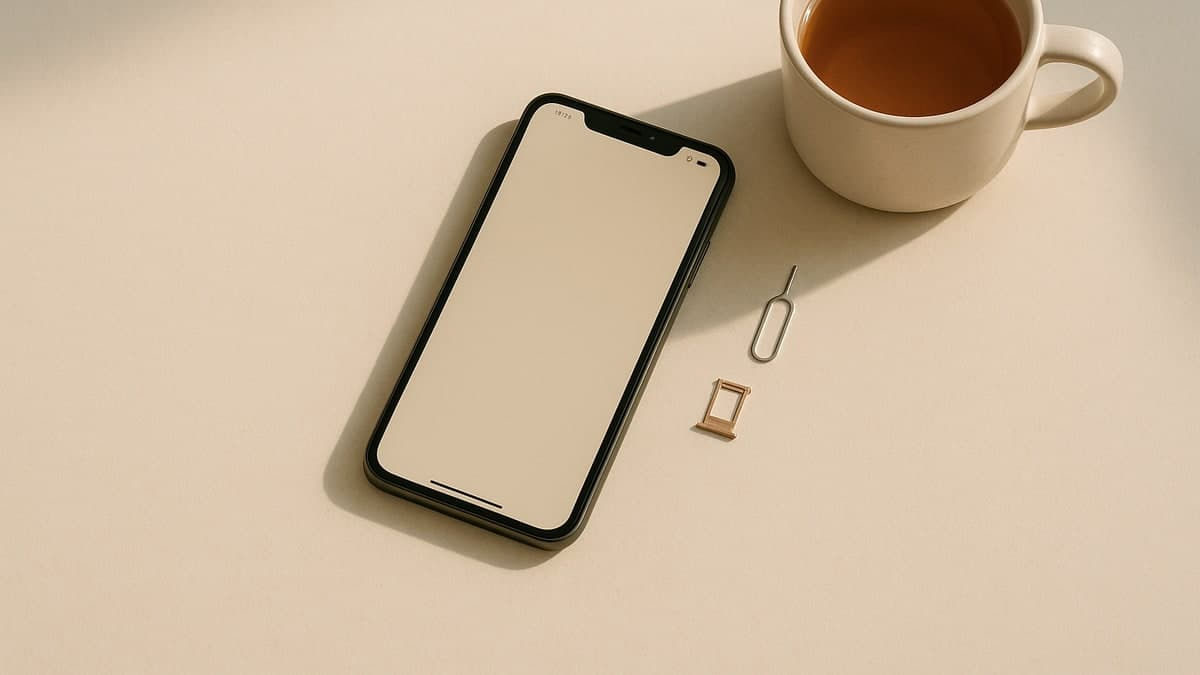 テーブルの上に置かれたスマートフォンとSIMカードのトレー