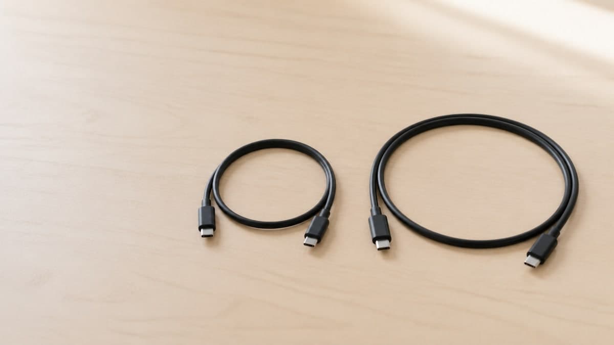 明るい机の上に置かれた、輪の大きさが明らかに違う2本の黒いUSB-Cケーブル