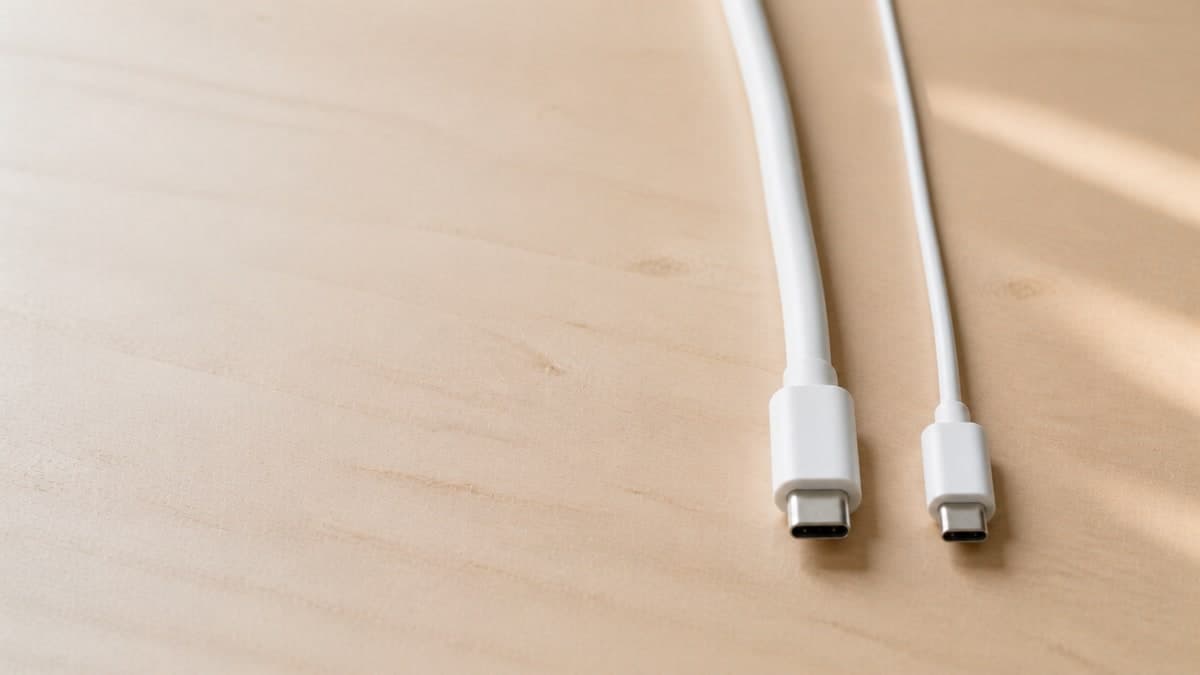 明るい机の上に並べて置かれた、太さの違う2本の白いUSB-Cケーブル