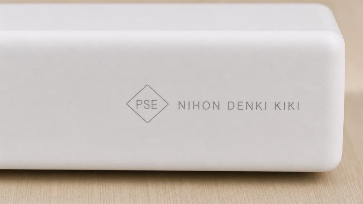 白い充電器の側面に刻印されたひし形のPSEマークと、その隣に並ぶ届出事業者名の表示