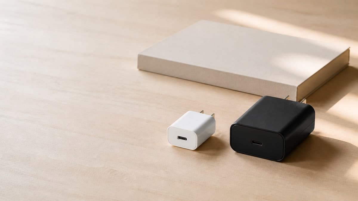 同じ机の上に並べた、小さい白い充電器と、その倍ほどの大きさの黒い充電器