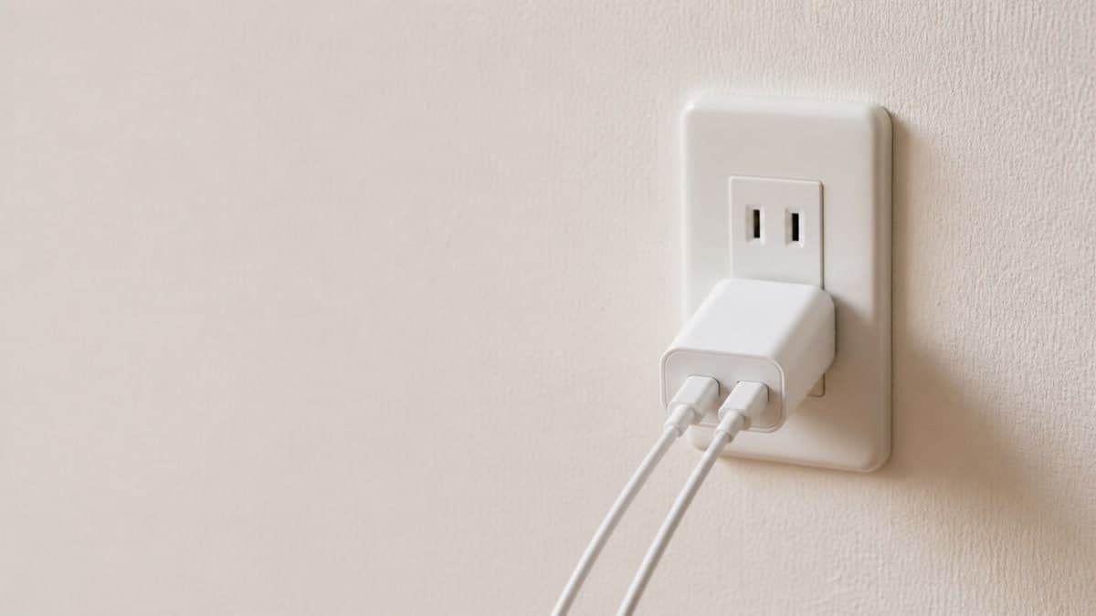 2つの差込口があるコンセント直挿しの白い充電器に、2本のケーブルが挿さっている
