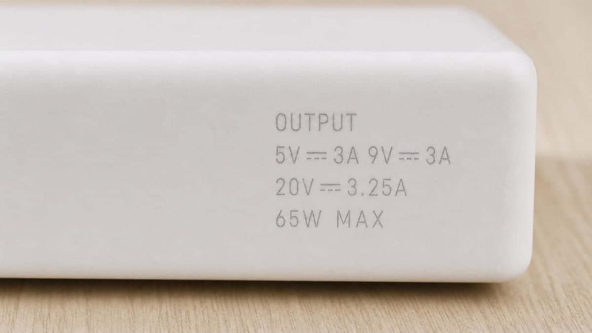 白い充電器の側面に小さく刻印された出力の表示。OUTPUT 5V=3A / 9V=3A / 20V=3.25A 65W MAX と読める