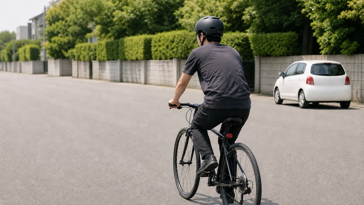 自転車に乗っている人を斜め後ろから見た腰から上。ヘルメットをかぶり、耳の穴をふさがない形のイヤホンを着けている。すぐ後ろに乗用車が1台迫っているが、乗っている人の視界には入っていない