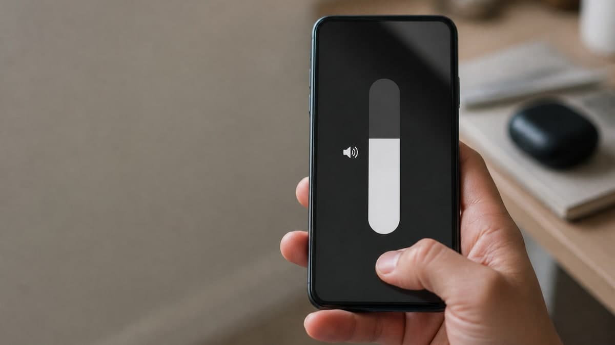 手に持ったスマートフォンの画面に、縦長の音量の目盛りが1本だけ大きく表示され、下から6割ほどの高さまで明るく塗られている
