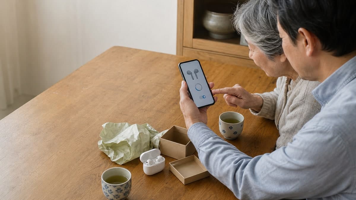 食卓で、大人の子が箱から出したワイヤレスイヤホンを高齢の親と一緒にのぞき込み、二人でスマートフォンの画面を見ながら設定している
