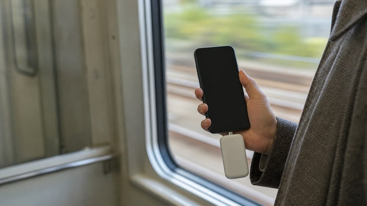 電車の中で片手に持たれたスマートフォンの下端に、小さな白いモバイルバッテリーが直接挿さっている。ケーブルは使われていない