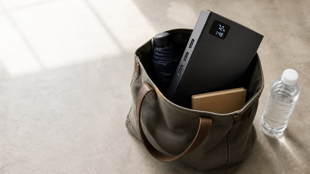 口を開けた通勤鞄からはみ出した黒い直方体のモバイルバッテリー。本体の画面に残量と残り時間が数字で出ており、横に大きさ比べの500mlペットボトルが立っている