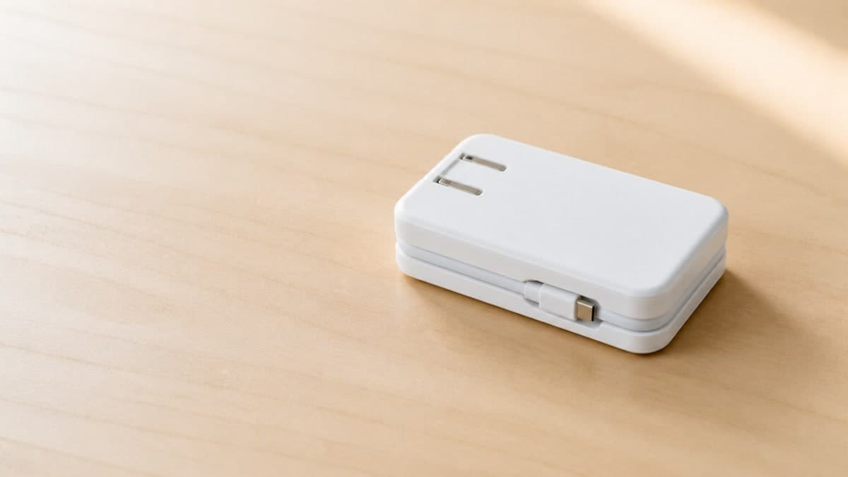 机の上に置かれた、ケーブルが本体に内蔵された白いモバイルバッテリー。プラグが折りたたまれている