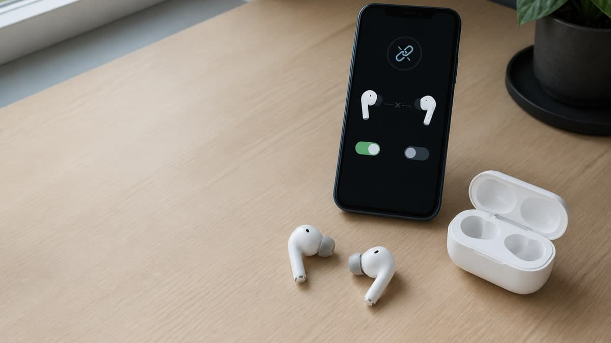 仕事机に無造作に置かれた白いワイヤレスイヤホンと、ふたを開けたまま空の充電ケース。奥のスマートフォンにはイヤホンのアプリが開かれ、接続をやり直している