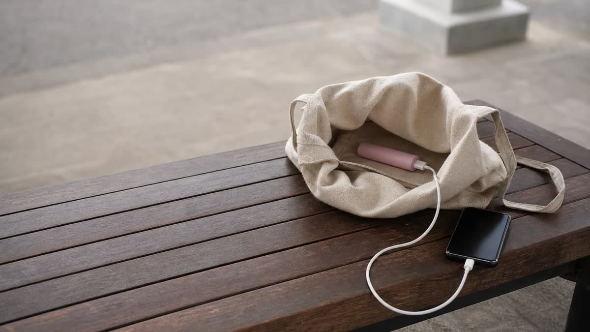 バス乗り場のベンチに置かれた布のトートバッグ。口から細い充電ケーブルが1本だけ外へ出ていて、隣に置かれた画面の消えたスマートフォンにつながっている。バッグの中には細長い淡いピンクのモバイルバッテリーが入っている