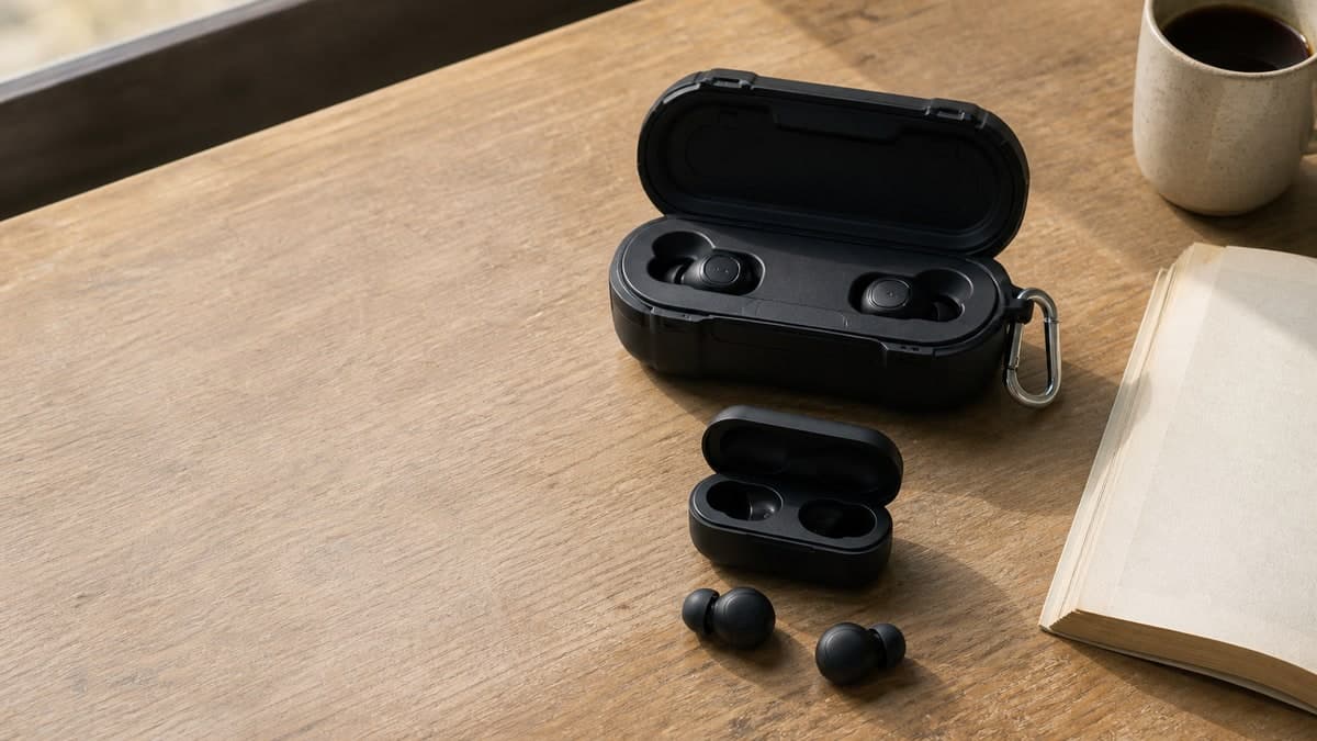 カフェのテーブルの上。手のひらより大きい横長で厚みのある黒い充電ケースがふたを開けて置かれ、中に一組のイヤホンが収まっている。その手前に、ひとまわり小さい別の黒い充電ケースと小さなイヤホン一組が取り出して並べてあり、脇に伏せて開いた無地の本とコーヒーカップがある