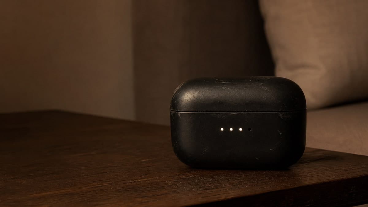 夜のリビングの低いテーブルに置かれた、角が擦れて小傷のついた黒い充電ケース。前面に粒のような小さなランプが4つ並び、灯っているのは左の3つだけ