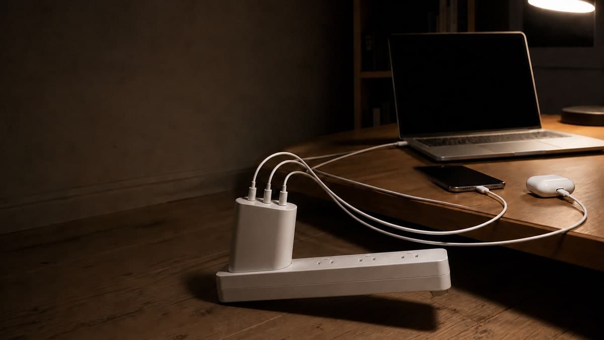 床置きの電源タップに挿さった大きく厚い充電器。タップは本体の重みで片側が浮いて傾いており、そこから3本のケーブルが机の上のノートパソコンとスマートフォンとイヤホンのケースへ伸びている