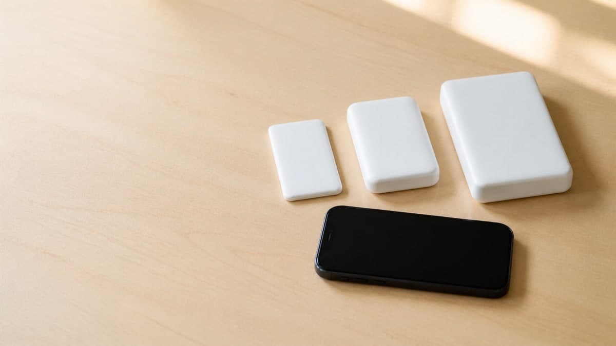 明るい机の上に大きさ順に並んだ3つの白いモバイルバッテリー。手前に画面を消したスマートフォンが置かれている